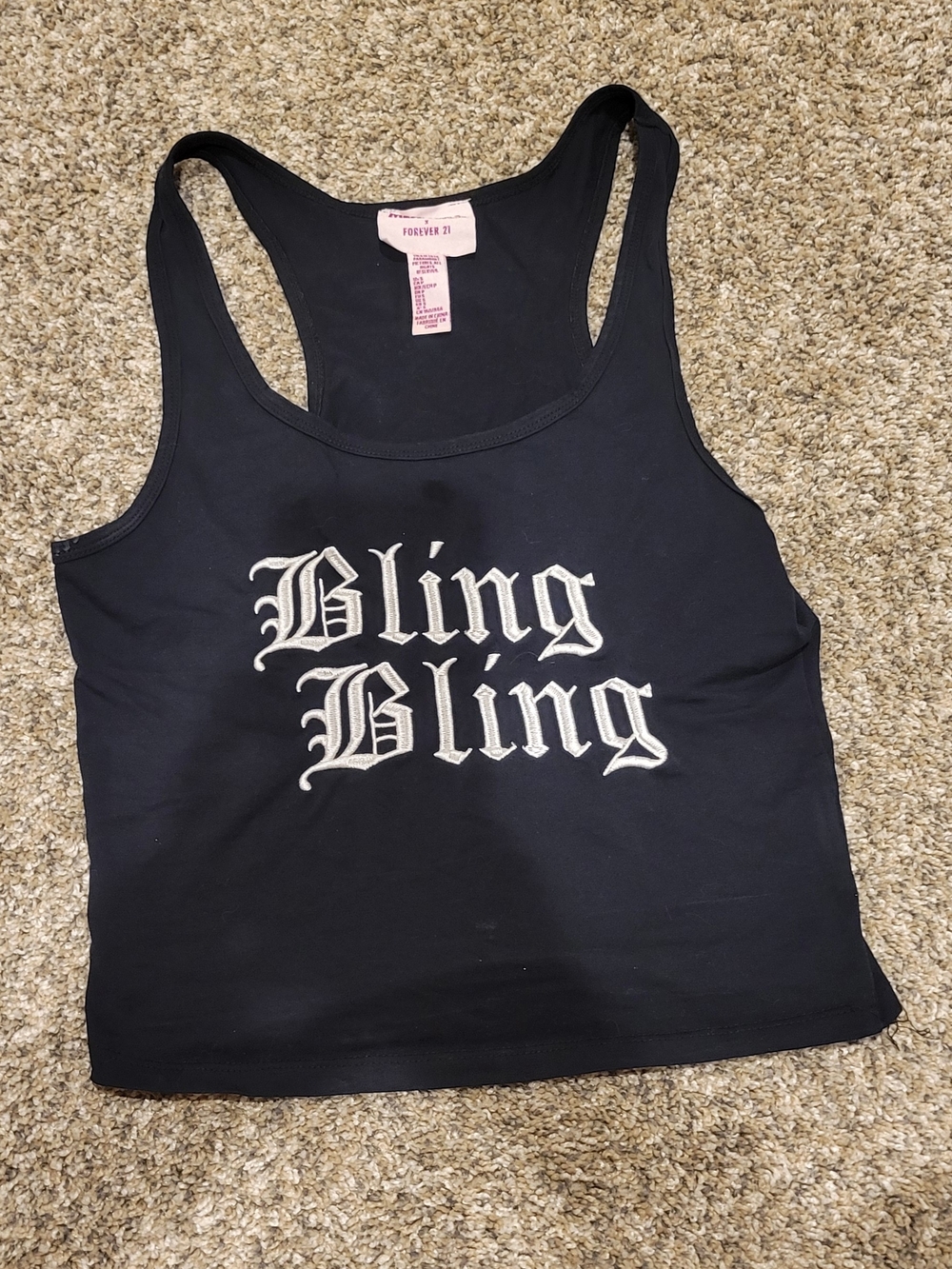 Forever 21 Black Racerback Tank with White 'Bling Bling' Script